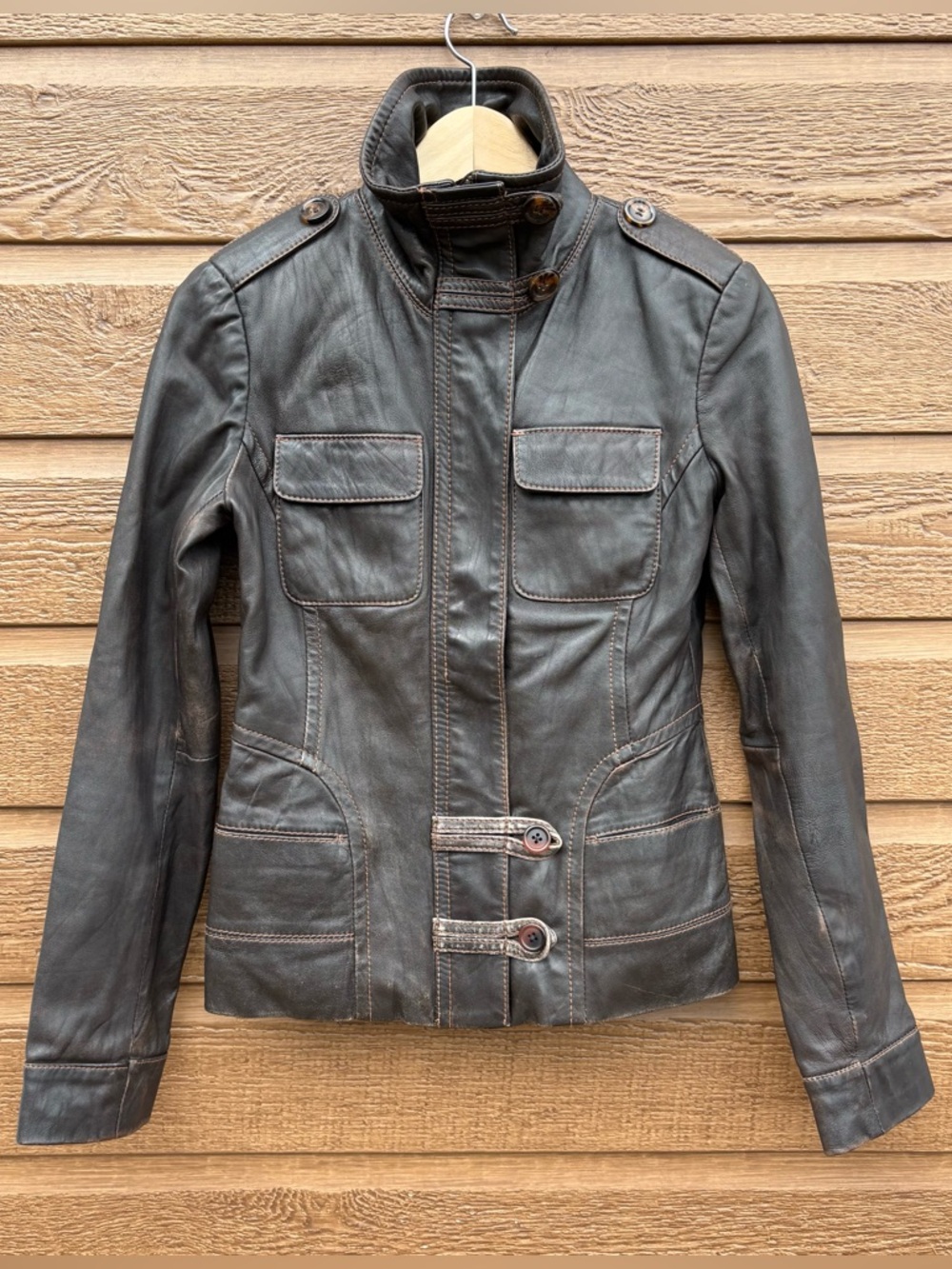 Danier Dark Brown Leather Jacket XS Buttery Soft Fitted Utility Style Zip Button